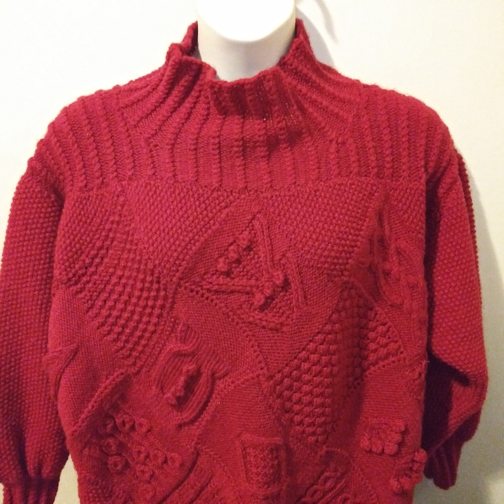 3/$18 Vintage Cottagecore Style Handknit Red Multi-Patterned Wool Sweater - Picture 2 of 13